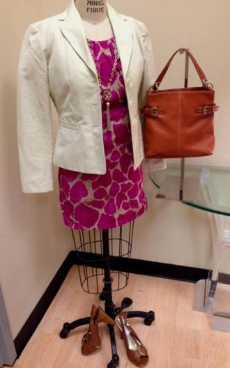 Pink Girraffe Dress and Lime Green Blazer from Trends - Summer Fall Transition Outfit
