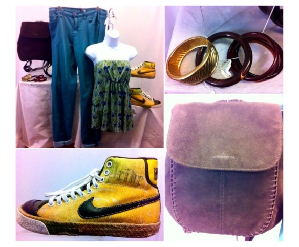BDG Colored Jeans, 30, 11.99 Polo Suede Backpack, 13.99 DKNY Strapless Top, M, 7.79 Bangles, 8.99 Nike Sneakers, 19.99